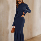 Navy Knit Mermaid Midi Skirt