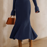 Navy Knit Mermaid Midi Skirt