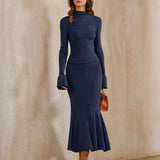 Navy Knit Mermaid Midi Skirt