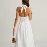 White V Neck Halter Sleeveless Midi Dress