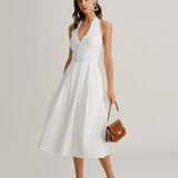 White V Neck Halter Sleeveless Midi Dress