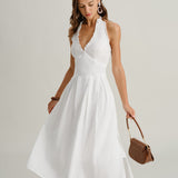 White V Neck Halter Sleeveless Midi Dress
