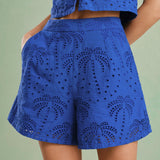 Blue Embroidery Cotton Shorts
