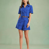 Blue Embroidery Cotton Shorts