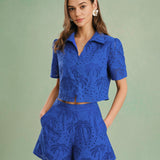 Blue Embroidery Cotton Shorts