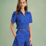 Blue Embroidery Cotton Shorts