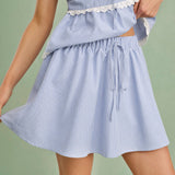 Blue Elastic Waist Tie Mini Skirt