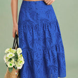 Blue Embroidery Midi Skirt