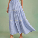 Blue Elastic Waist Midi Skirt