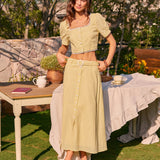 Yellow Embroidery Button Midi Skirt