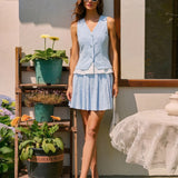 Blue Textured Pleated Mini Skirt