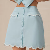 Light Blue Lace Pocket Button Mini Skirt