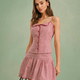 Red Plaid Ruched Mini Skirt