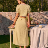 Yellow Embroidery Button Midi Skirt