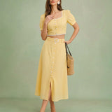 Yellow Embroidery Button Midi Skirt