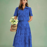Blue Embroidery Midi Skirt