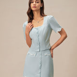 Light Blue Lace Pocket Button Mini Skirt