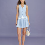 Blue Textured Pleated Mini Skirt