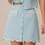 Light Blue Lace Pocket Button Mini Skirt