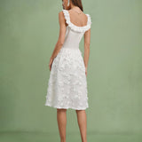 White Flowers Elastic Waist Midi Skirt