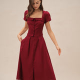 Red Ruched Slit Midi Skirt