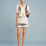 Beige Embroidery Contrasting Mini Skirt
