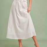 White Solid A-Line Midi Skirt
