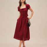 Red Ruched Slit Midi Skirt