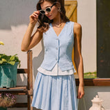 Blue Textured Pleated Mini Skirt