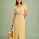 Yellow Embroidery Button Midi Skirt
