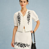 Beige Embroidery Contrasting Mini Skirt