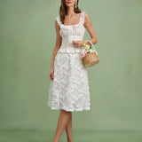 White Flowers Elastic Waist Midi Skirt