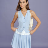 Blue Textured Pleated Mini Skirt