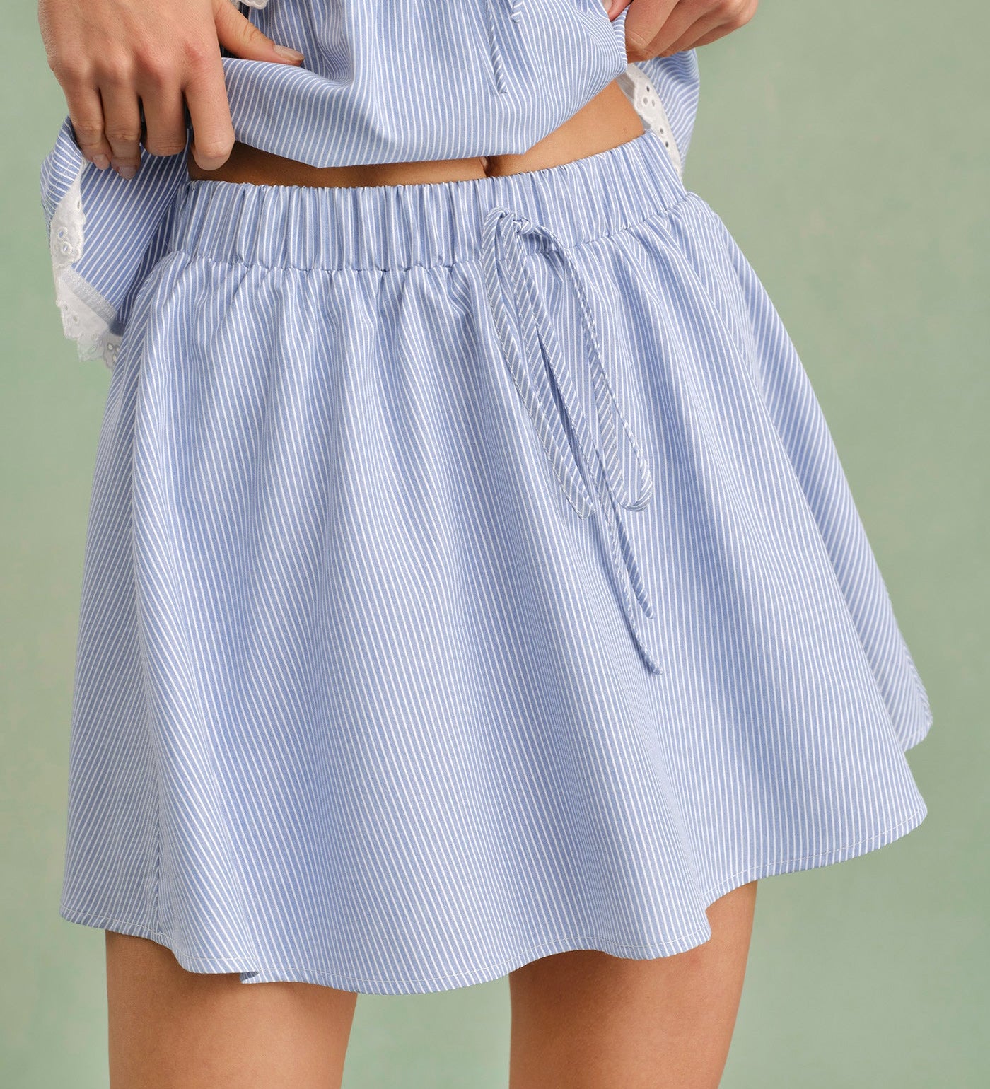 Blue Elastic Waist Tie Mini Skirt