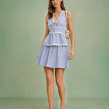 Blue Elastic Waist Tie Mini Skirt