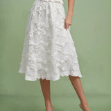 White Flowers Elastic Waist Midi Skirt