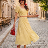 Yellow Embroidery Button Midi Skirt