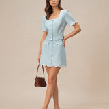 Light Blue Lace Pocket Button Mini Skirt