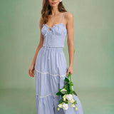 Blue Elastic Waist Midi Skirt