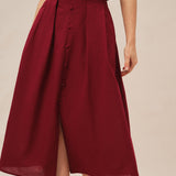 Red Ruched Slit Midi Skirt