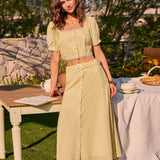 Yellow Embroidery Button Midi Skirt