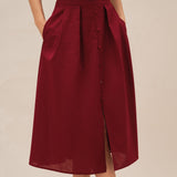 Red Ruched Slit Midi Skirt