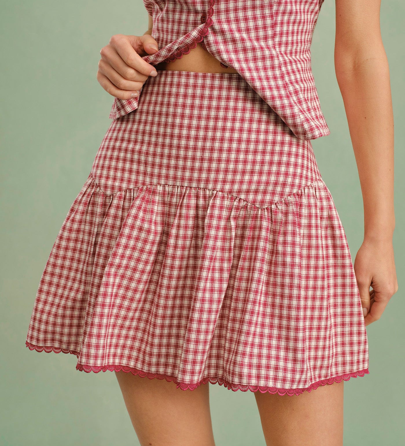 Red Plaid Ruched Mini Skirt