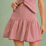 Red Plaid Ruched Mini Skirt