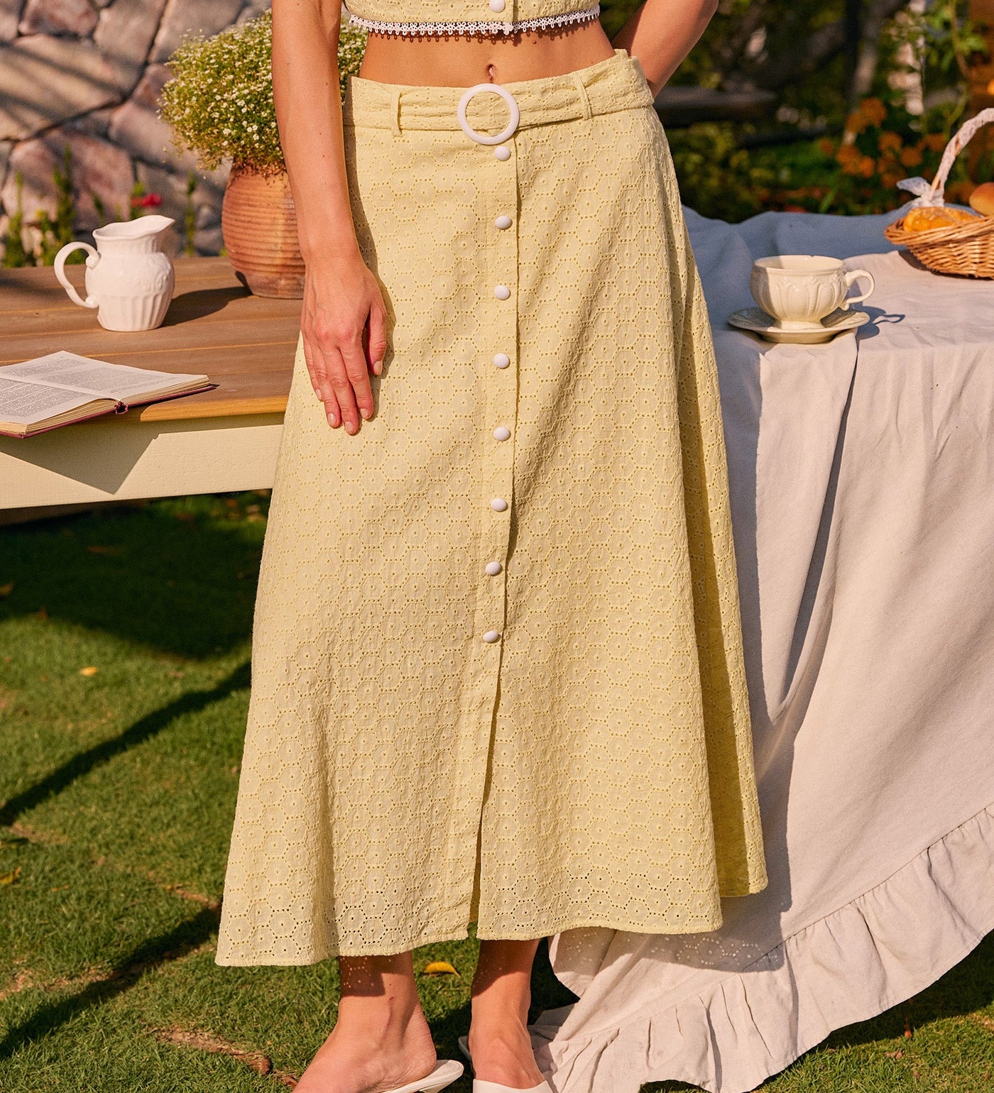 Yellow Embroidery Button Midi Skirt