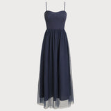 Blue Shirred Flowy Slip Maxi Dress