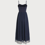 Blue Shirred Flowy Slip Maxi Dress
