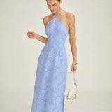 Blue Halter Jacquard Slip Maxi Dress