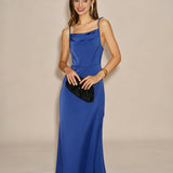 Blue Solid Zipper Slip Maxi Dress