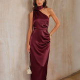 Wine Red Satin One Shoulder Maxi Dress